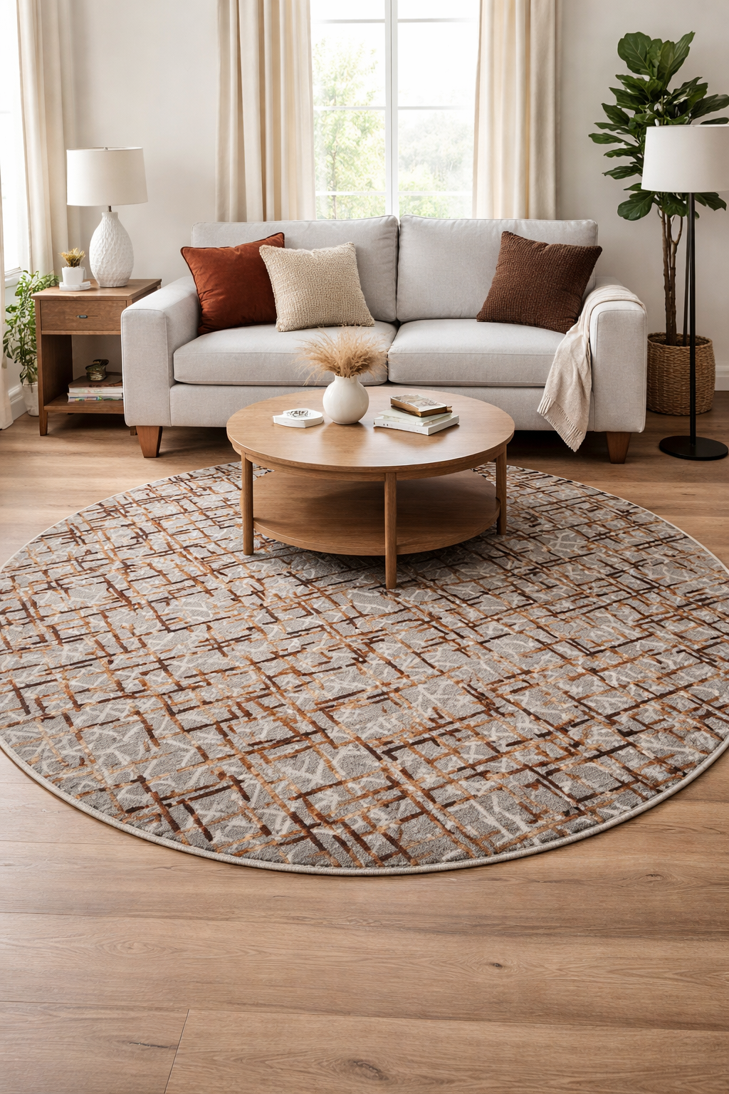 Modern Abstract Round Area Rug – Grey, Rust & Brown Geometric Pattern Carpet