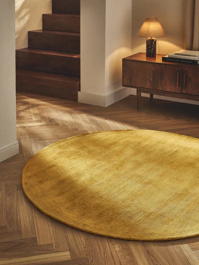 Luxury Handmade Mustard Gold Round Area Rug – Modern Solid Color Soft Carpet for Living Room & Bedroom