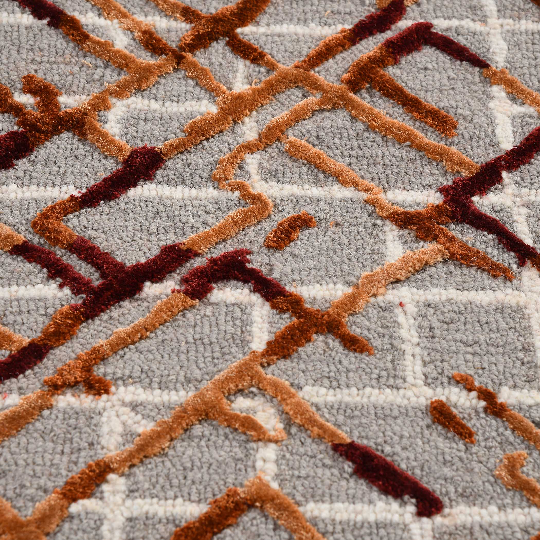 Modern Abstract Round Area Rug – Grey, Rust & Brown Geometric Pattern Carpet