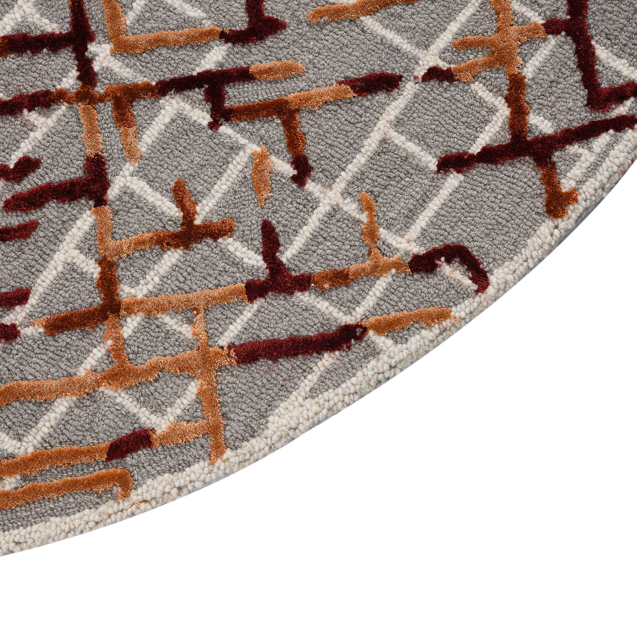 Modern Abstract Round Area Rug – Grey, Rust & Brown Geometric Pattern Carpet