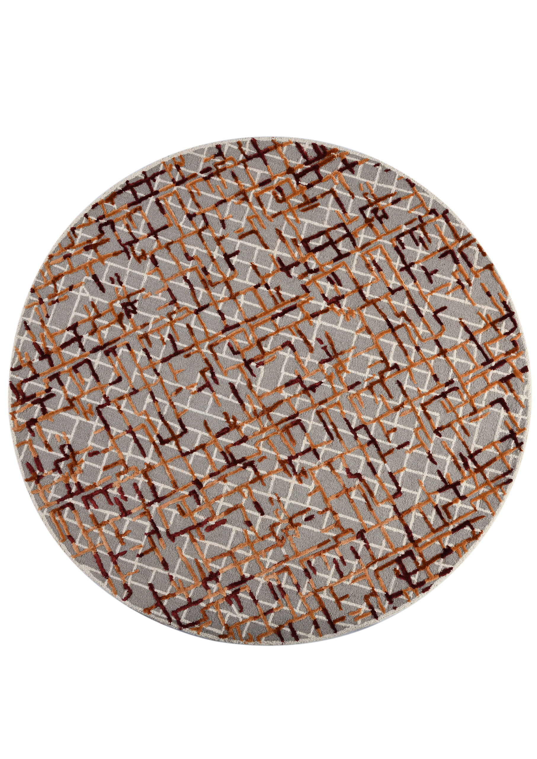 Modern Abstract Round Area Rug – Grey, Rust & Brown Geometric Pattern Carpet