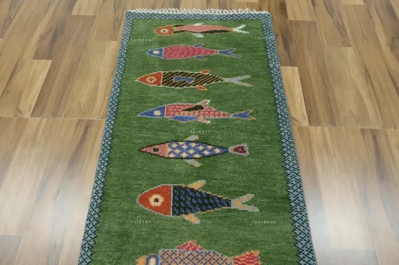 Hand Knotted Fish Design Runner Rug Green Wool Carpet Handmade Hallway Kitchen Runner Rug