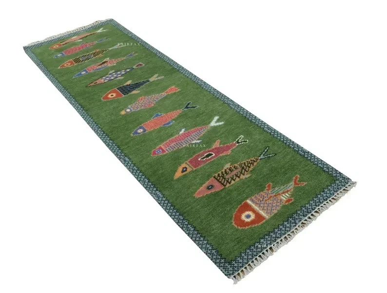 Hand Knotted Fish Design Runner Rug Green Wool Carpet Handmade Hallway Kitchen Runner Rug