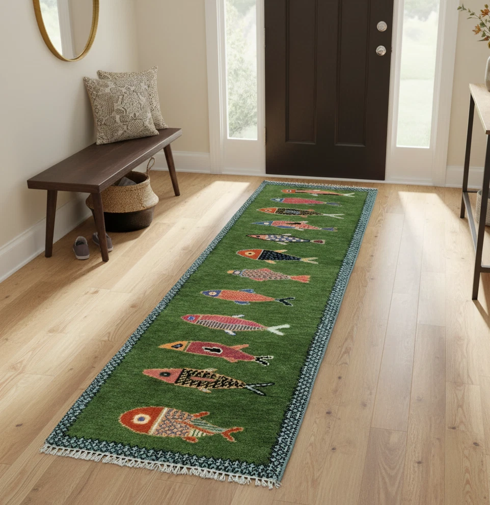 Hand Knotted Fish Design Runner Rug Green Wool Carpet Handmade Hallway Kitchen Runner Rug