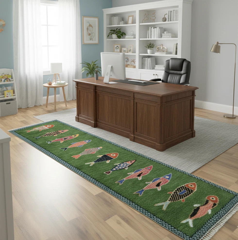 Hand Knotted Fish Design Runner Rug Green Wool Carpet Handmade Hallway Kitchen Runner Rug