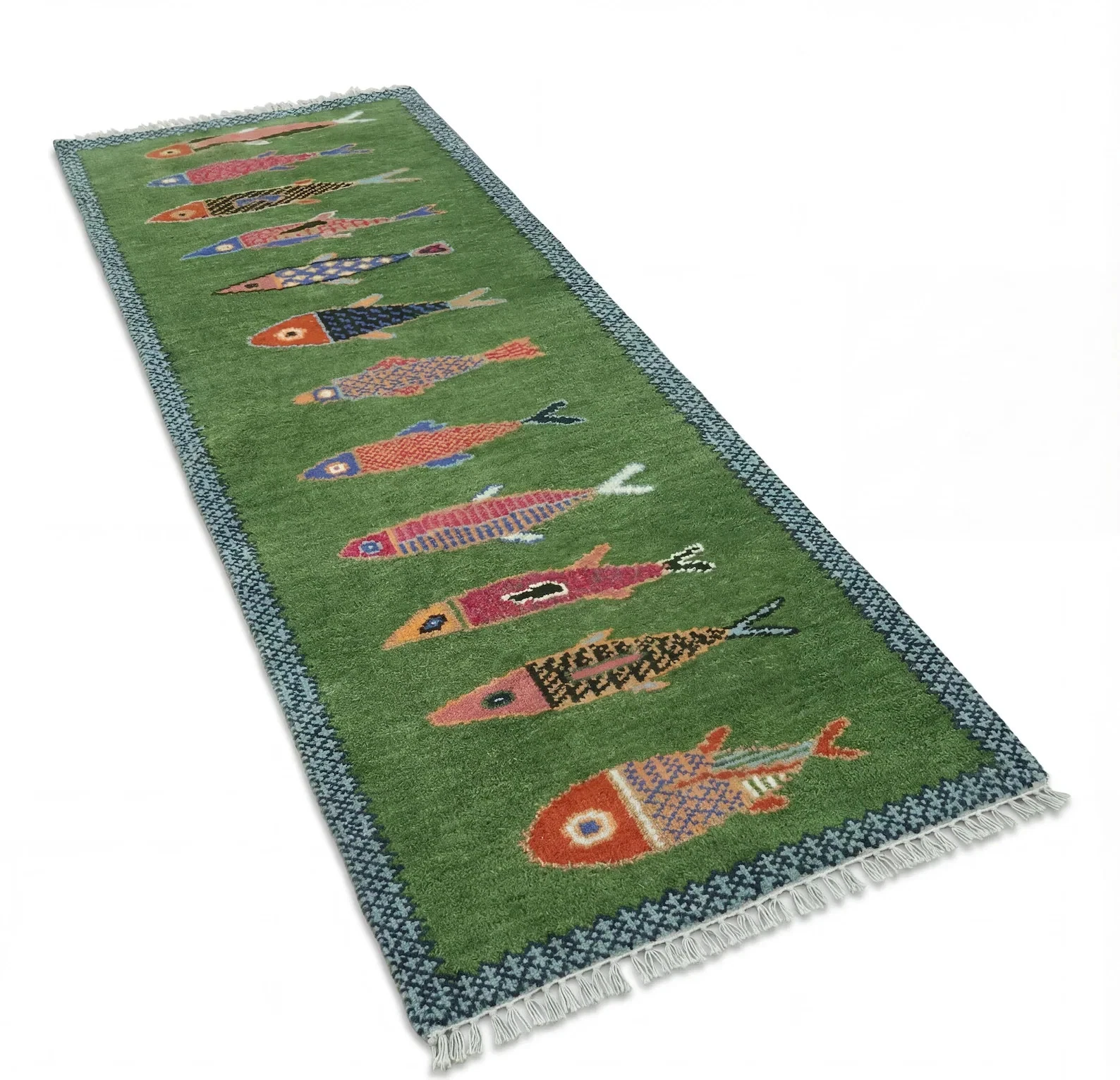 Hand Knotted Fish Design Runner Rug Green Wool Carpet Handmade Hallway Kitchen Runner Rug