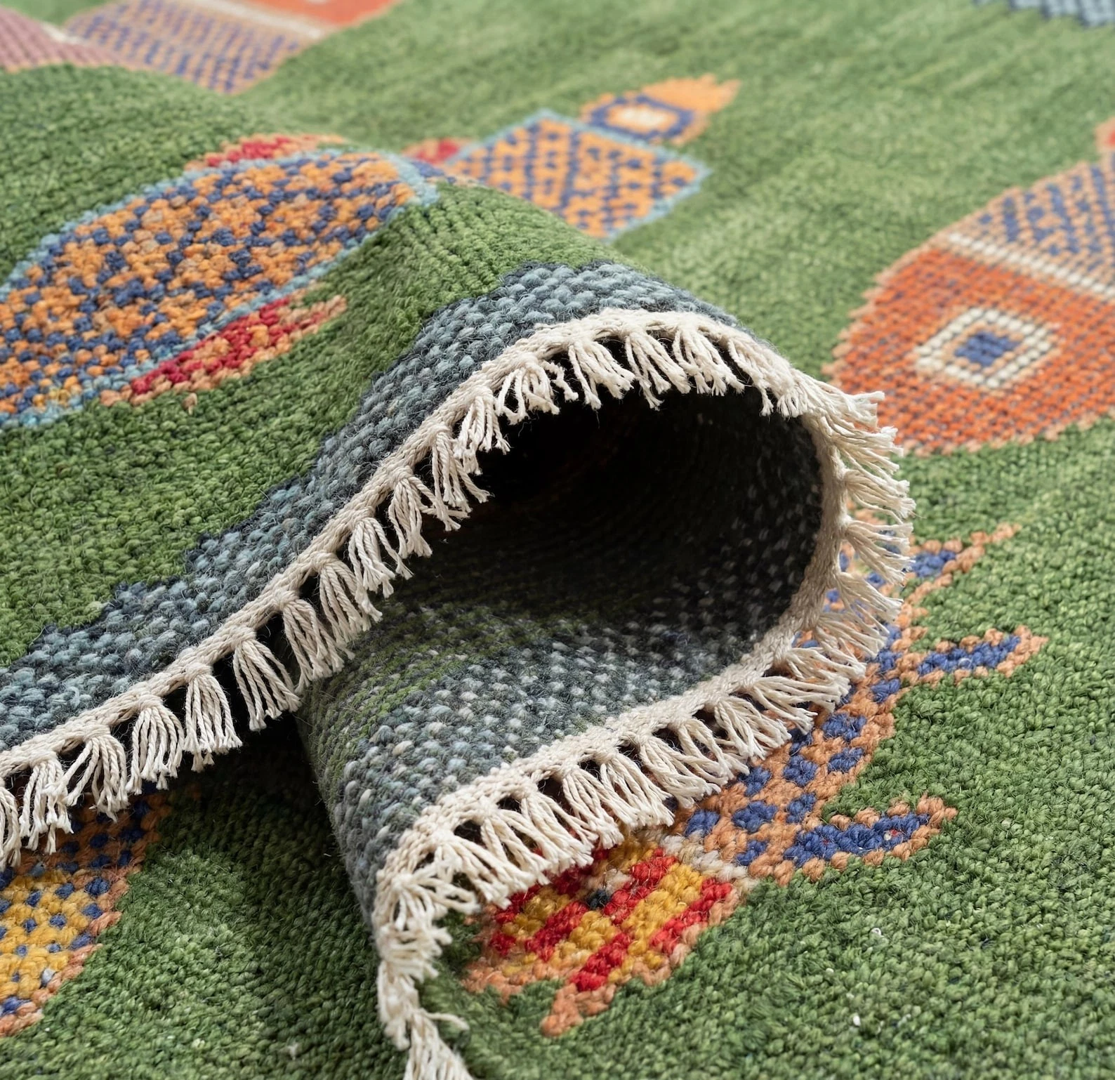 Hand Knotted Fish Design Runner Rug Green Wool Carpet Handmade Hallway Kitchen Runner Rug